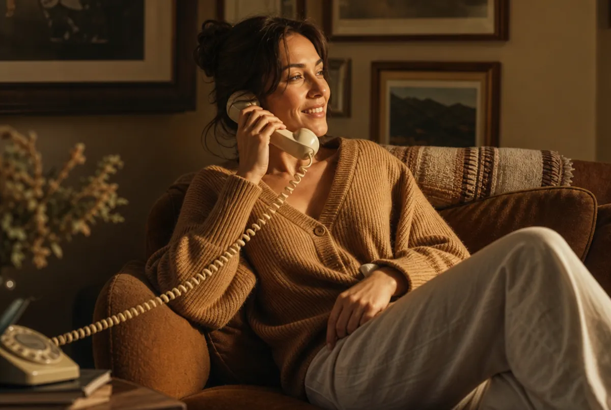 Frau entspannt nachmittags auf dem Sofa am Telefon